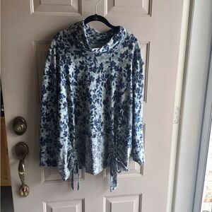 Floral Blue, teal and Gray Cowl Neck Sweater. 2X
